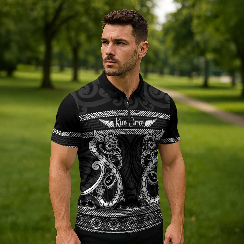 Kia Ora New Zealand Zipper Polo Shirt Maori Language Week Pango Taniko Motif - Polynesian Pride