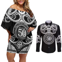 Kia Kaha Te Reo Maori New Zealand Couples Matching Off Shoulder Short Dress and Long Sleeve Button Shirt 50th Anniversary Ake Ake Ake - Polynesian Pride