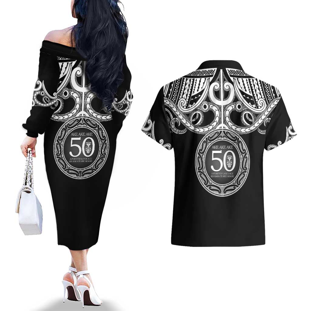 Kia Kaha Te Reo Maori New Zealand Couples Matching Off The Shoulder Long Sleeve Dress and Hawaiian Shirt 50th Anniversary Ake Ake Ake - Polynesian Pride