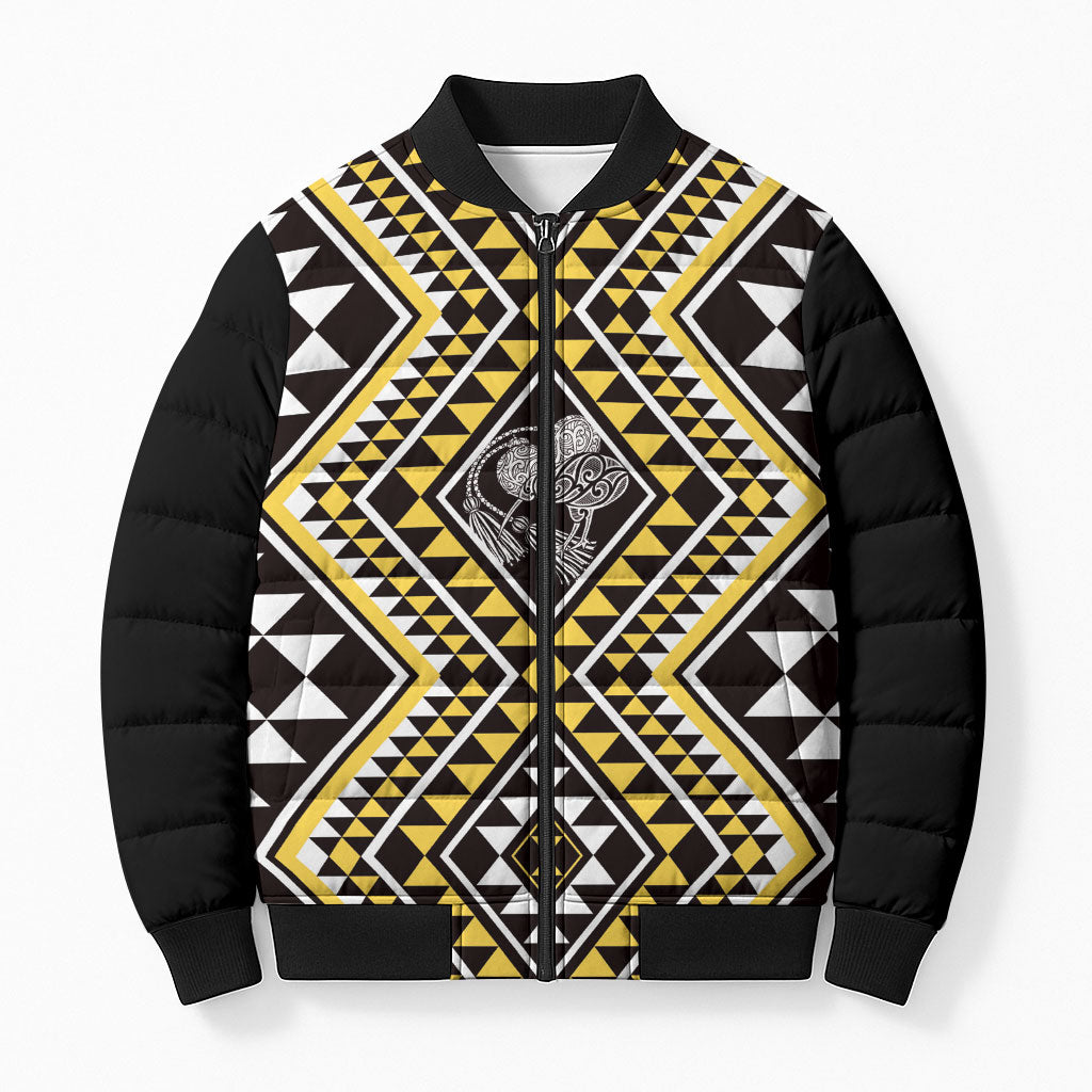 New Zealand Kowhai Taniko Motifs Bomber Puffer Jacket Maori Poi Dance Costume Inspired LT14 Unisex Yellow - Polynesian Pride