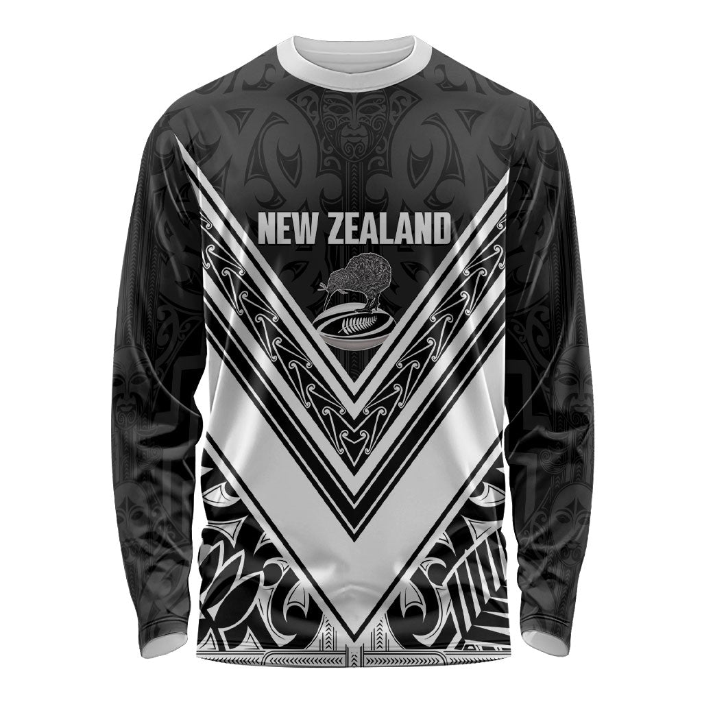 New Zealand Silver Fern Rugby Custom Long Sleeve Shirt Go Wheel Kiwi Maori Pattern LT14 Unisex White - Polynesian Pride