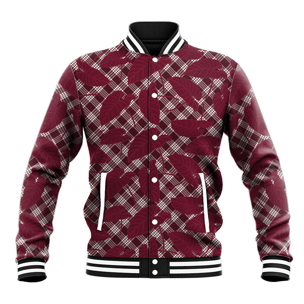 Burgundy Hawaii Kalo Palaka Motifs Baseball Jacket Hawaiian Taro Leaves Elegant Vibes LT14 Unisex Burgundy - Polynesian Pride