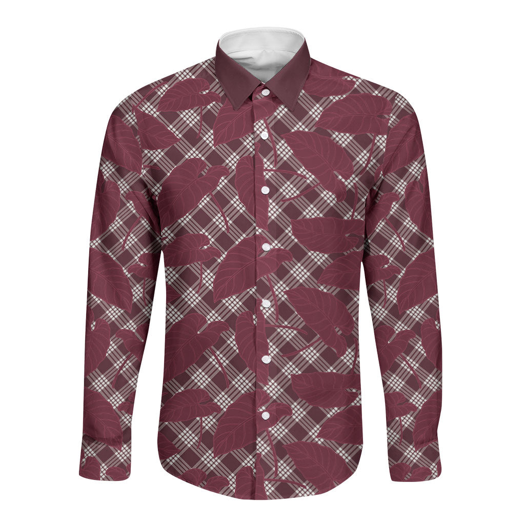 Burgundy Hawaii Kalo Palaka Motifs Long Sleeve Button Shirt Hawaiian Taro Leaves Elegant Vibes LT14 Unisex Burgundy - Polynesian Pride