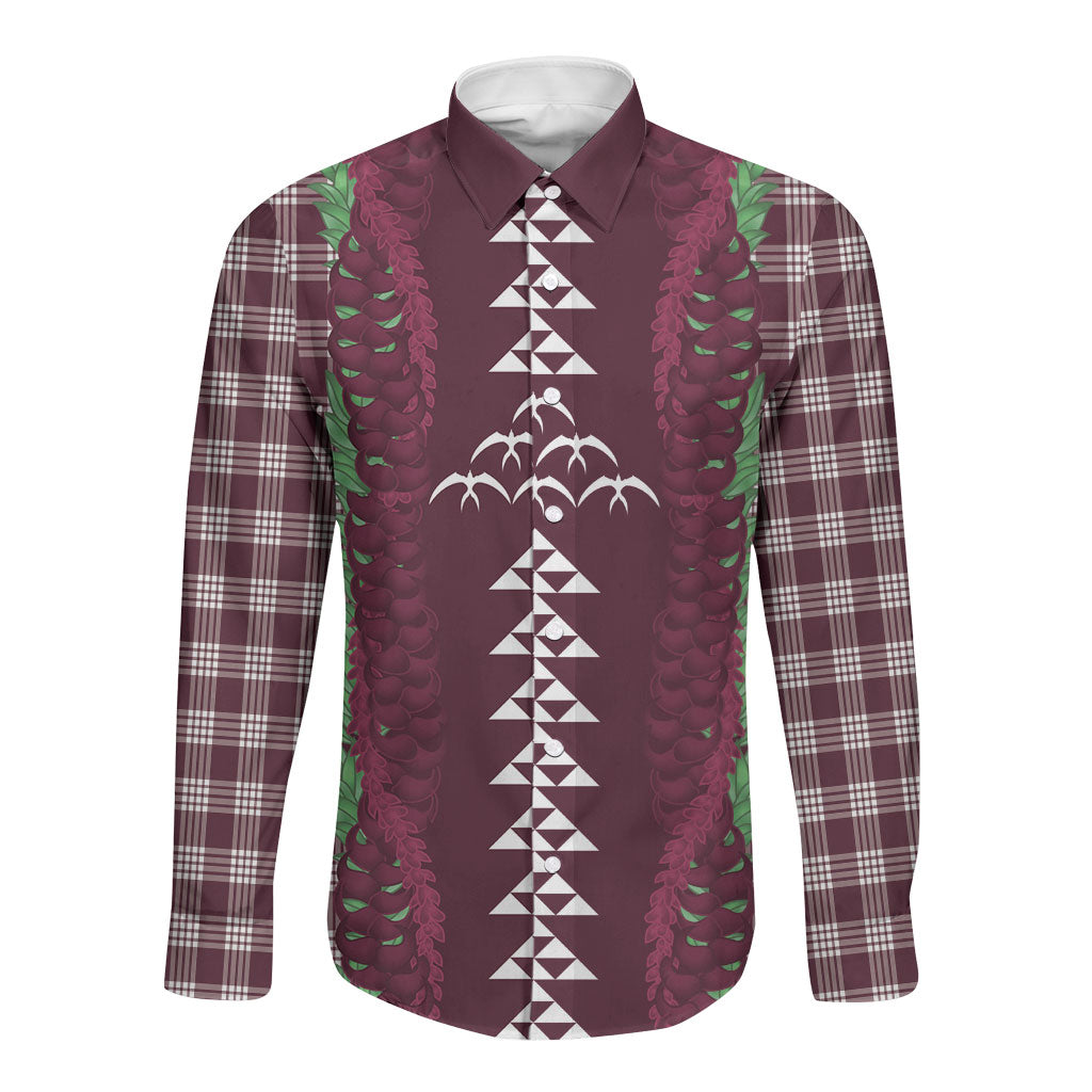 Burgundy Palaka Hawaii Iwa Bird Long Sleeve Button Shirt Hawaiian Kakau Jade Vine Lei LT14 Unisex Burgundy - Polynesian Pride