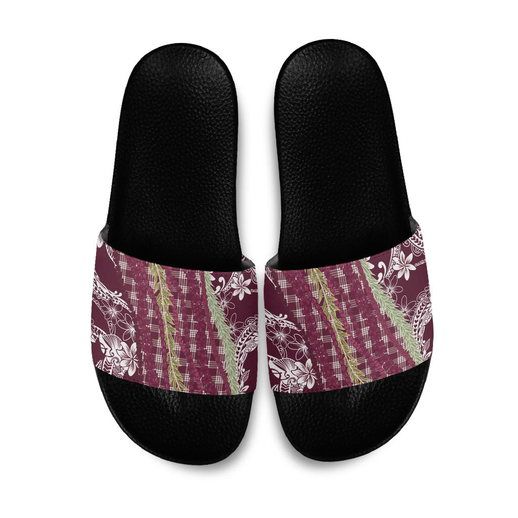 Burgundy Palaka Hawaii Leis Slide Sandals Hawaiian-plaid Elegant Tropical Vibes LT14 Burgundy - Polynesian Pride