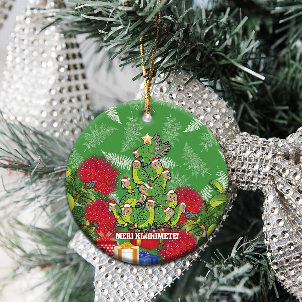 Kakapo New Zealand Christmas Ceramic Ornament Meri Kirihimete Pohutukawa - Green Color