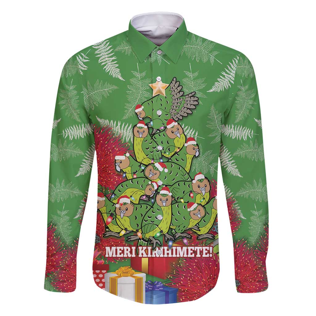 Kakapo New Zealand Christmas Family Matching Long Sleeve Bodycon Dress and Hawaiian Shirt Meri Kirihimete Pohutukawa - Green Color
