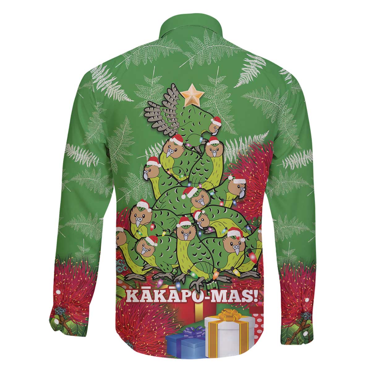 Kakapo New Zealand Christmas Family Matching Off The Shoulder Long Sleeve Dress and Hawaiian Shirt Meri Kirihimete Pohutukawa - Green Color