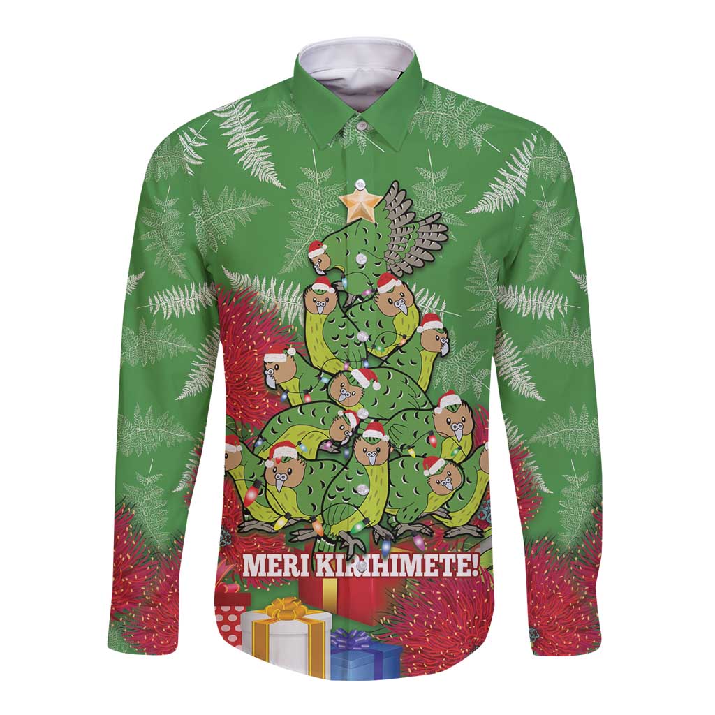 Kakapo New Zealand Christmas Long Sleeve Button Shirt Meri Kirihimete Pohutukawa - Green Color