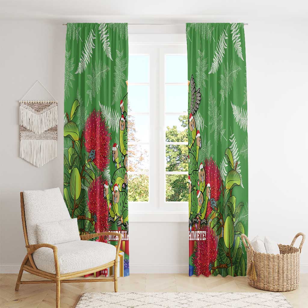 Kakapo New Zealand Christmas Window Curtain Meri Kirihimete Pohutukawa - Green Color