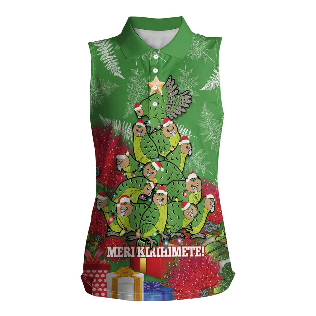 Kakapo New Zealand Christmas Women Sleeveless Polo Shirt Meri Kirihimete Pohutukawa - Green Color LT14 Female Green - Polynesian Pride