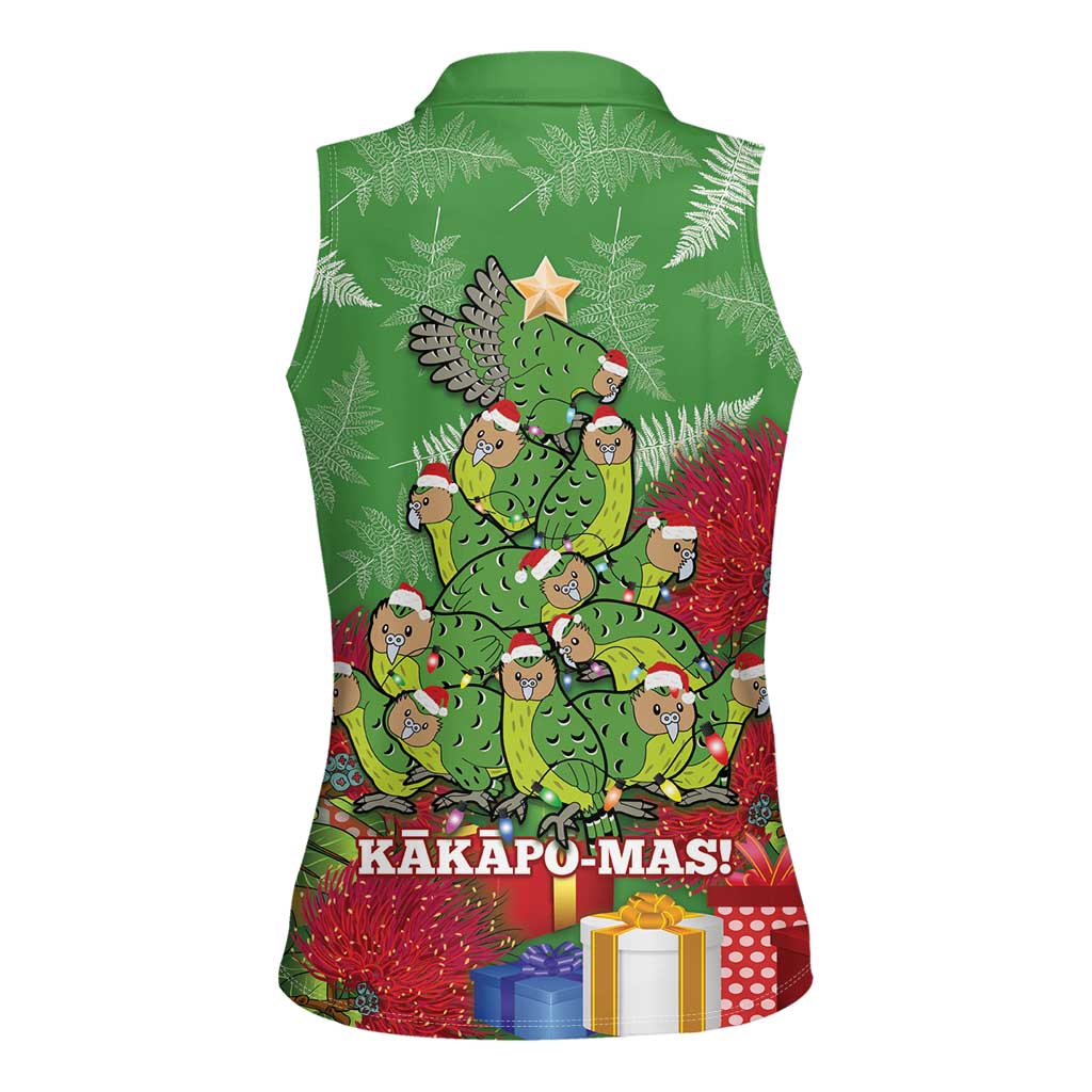Kakapo New Zealand Christmas Women Sleeveless Polo Shirt Meri Kirihimete Pohutukawa - Green Color LT14 - Polynesian Pride