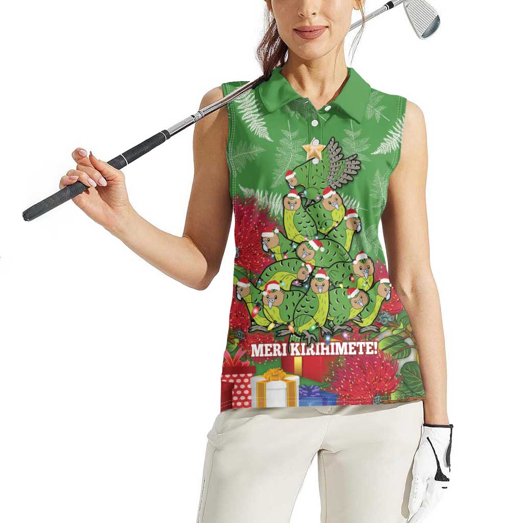 Kakapo New Zealand Christmas Women Sleeveless Polo Shirt Meri Kirihimete Pohutukawa - Green Color LT14 - Polynesian Pride
