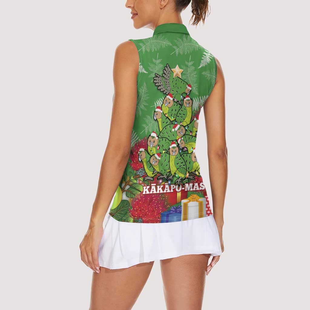 Kakapo New Zealand Christmas Women Sleeveless Polo Shirt Meri Kirihimete Pohutukawa - Green Color LT14 - Polynesian Pride