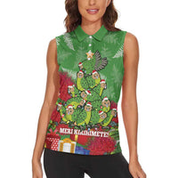 Kakapo New Zealand Christmas Women Sleeveless Polo Shirt Meri Kirihimete Pohutukawa - Green Color LT14 - Polynesian Pride