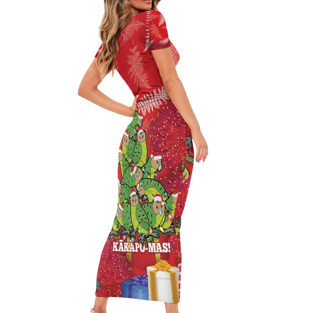 Kakapo New Zealand Christmas Family Matching Short Sleeve Bodycon Dress and Hawaiian Shirt Meri Kirihimete Pohutukawa - Red Color