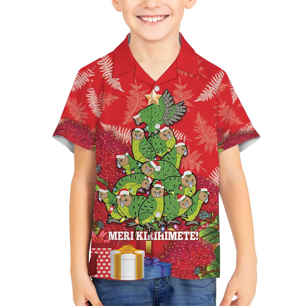 Kakapo New Zealand Christmas Family Matching Short Sleeve Bodycon Dress and Hawaiian Shirt Meri Kirihimete Pohutukawa - Red Color