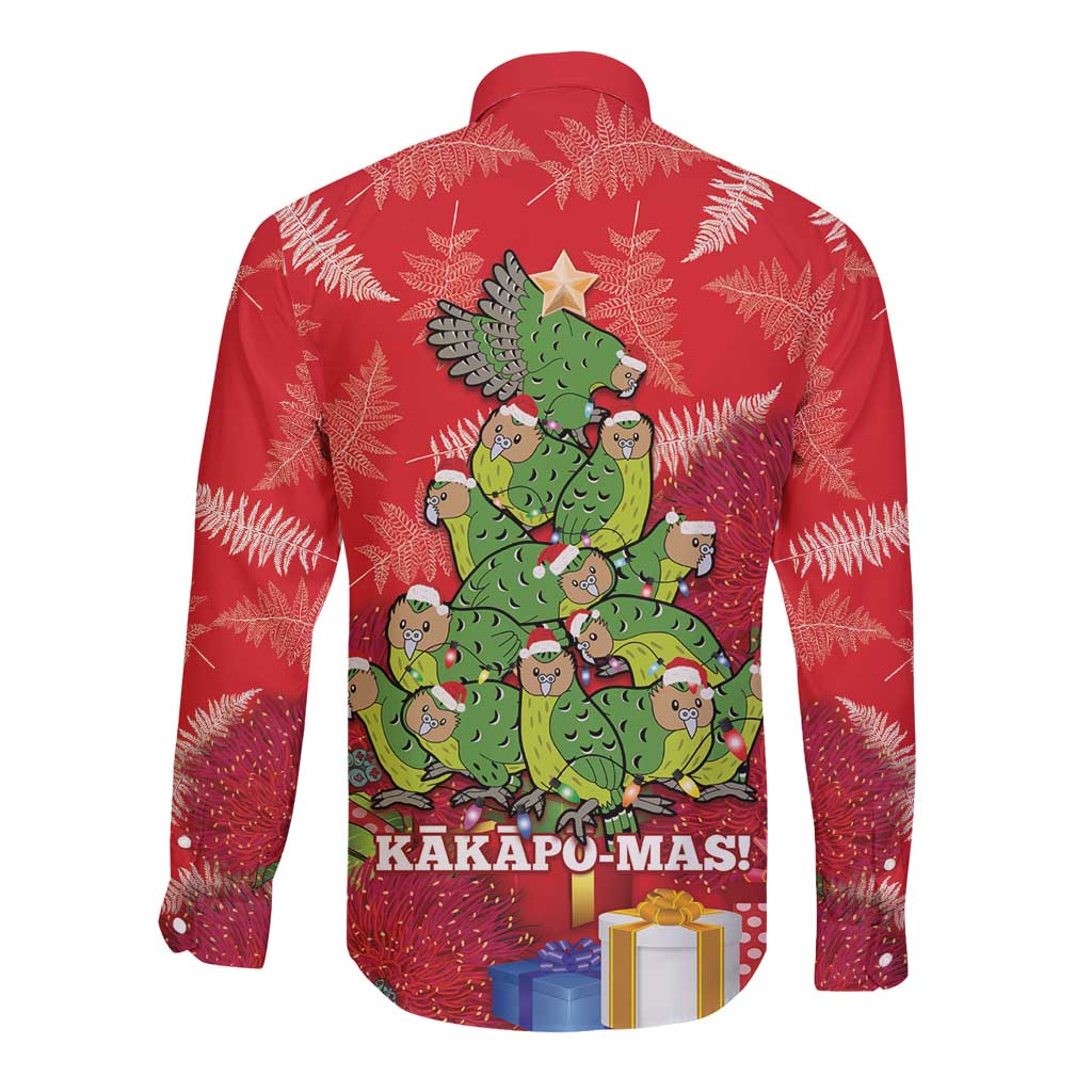 Kakapo New Zealand Christmas Long Sleeve Button Shirt Meri Kirihimete Pohutukawa - Red Color