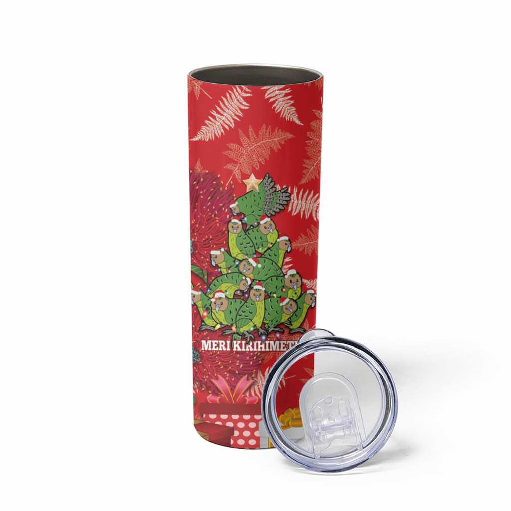 Kakapo New Zealand Christmas Skinny Tumbler Meri Kirihimete Pohutukawa - Red Color