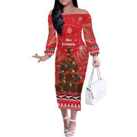 Kiwi New Zealand Christmas Family Matching Off The Shoulder Long Sleeve Dress and Hawaiian Shirt Meri Kirihimete Silver Fern - Red Color