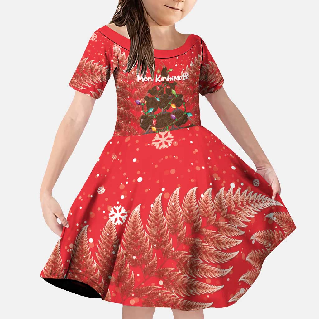 Kiwi New Zealand Christmas Family Matching Summer Maxi Dress and Hawaiian Shirt Meri Kirihimete Silver Fern - Red Color LT14 Daughter's Dress Red - Polynesian Pride