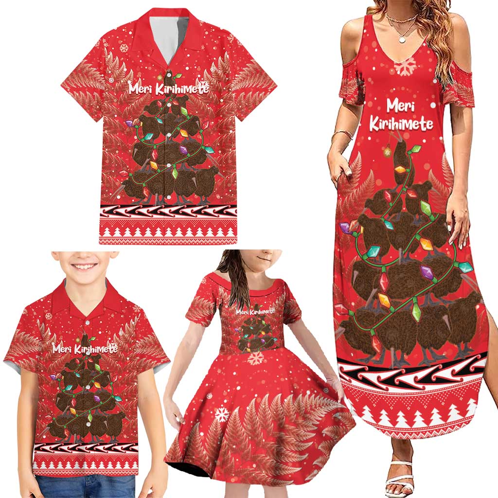 Kiwi New Zealand Christmas Family Matching Summer Maxi Dress and Hawaiian Shirt Meri Kirihimete Silver Fern - Red Color LT14 - Polynesian Pride