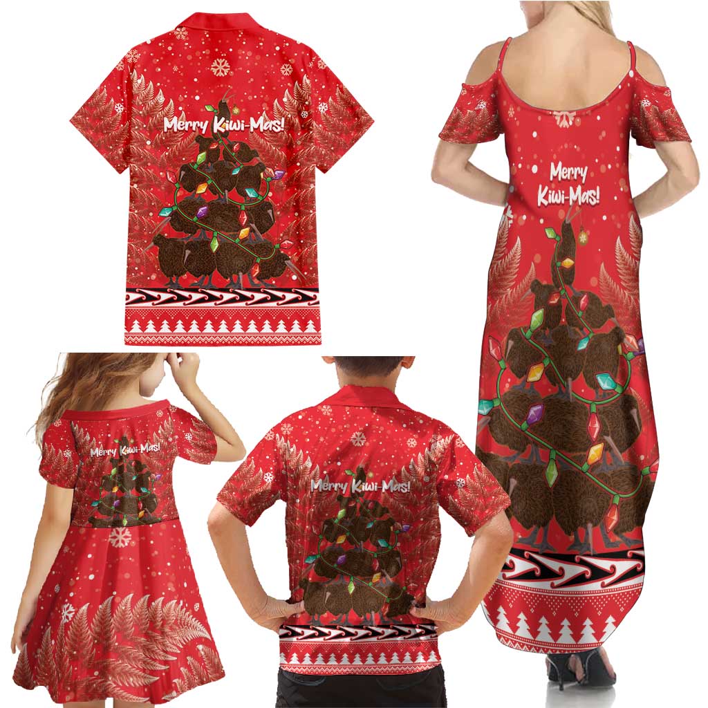 Kiwi New Zealand Christmas Family Matching Summer Maxi Dress and Hawaiian Shirt Meri Kirihimete Silver Fern - Red Color LT14 - Polynesian Pride