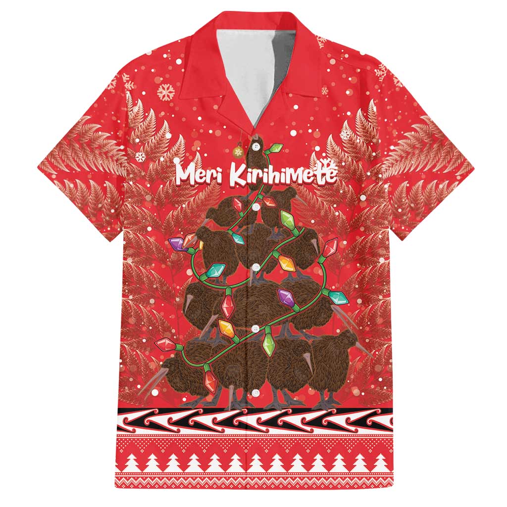 Kiwi New Zealand Christmas Family Matching Summer Maxi Dress and Hawaiian Shirt Meri Kirihimete Silver Fern - Red Color LT14 Dad's Shirt - Short Sleeve Red - Polynesian Pride