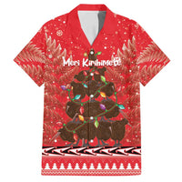 Kiwi New Zealand Christmas Family Matching Summer Maxi Dress and Hawaiian Shirt Meri Kirihimete Silver Fern - Red Color LT14 Dad's Shirt - Short Sleeve Red - Polynesian Pride