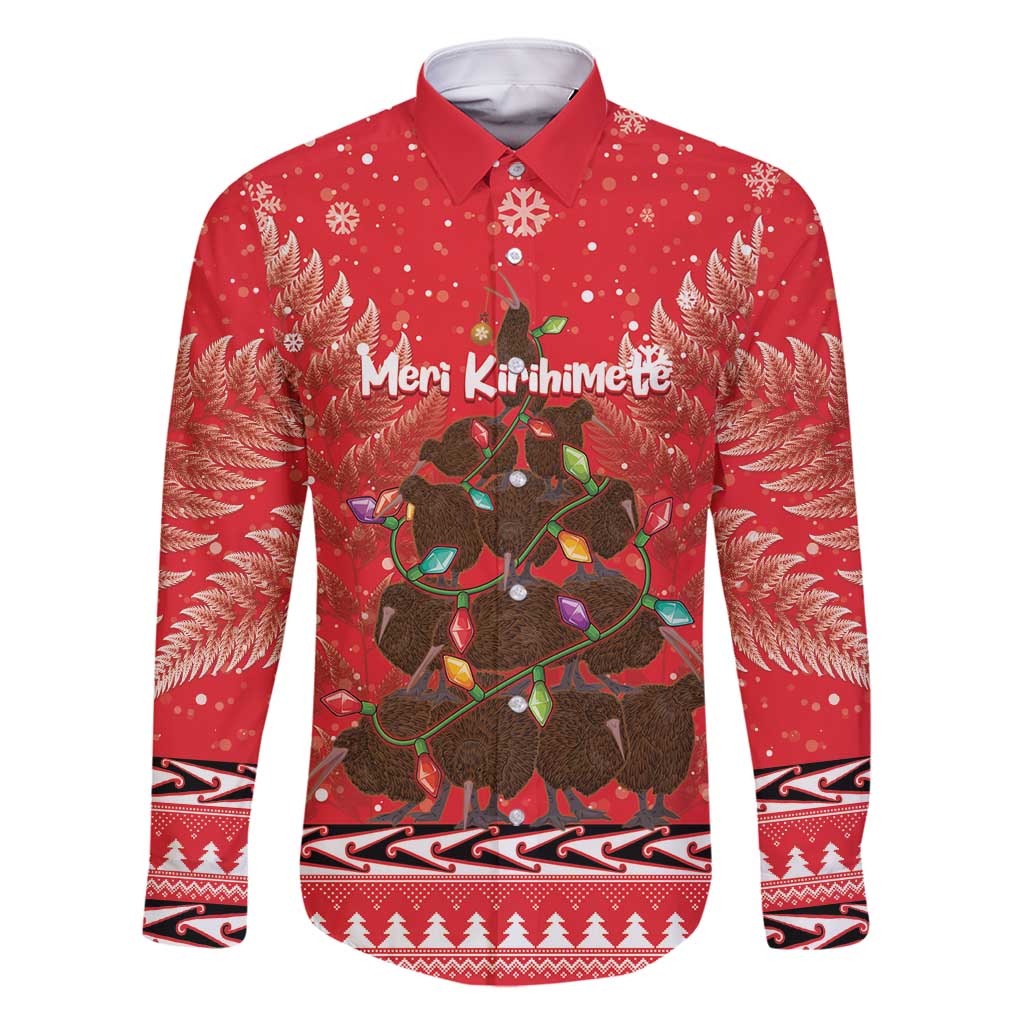 Kiwi New Zealand Christmas Family Matching Summer Maxi Dress and Hawaiian Shirt Meri Kirihimete Silver Fern - Red Color LT14 Dad's Shirt - Long Sleeve Red - Polynesian Pride