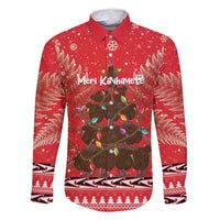 Kiwi New Zealand Christmas Family Matching Summer Maxi Dress and Hawaiian Shirt Meri Kirihimete Silver Fern - Red Color LT14 Dad's Shirt - Long Sleeve Red - Polynesian Pride