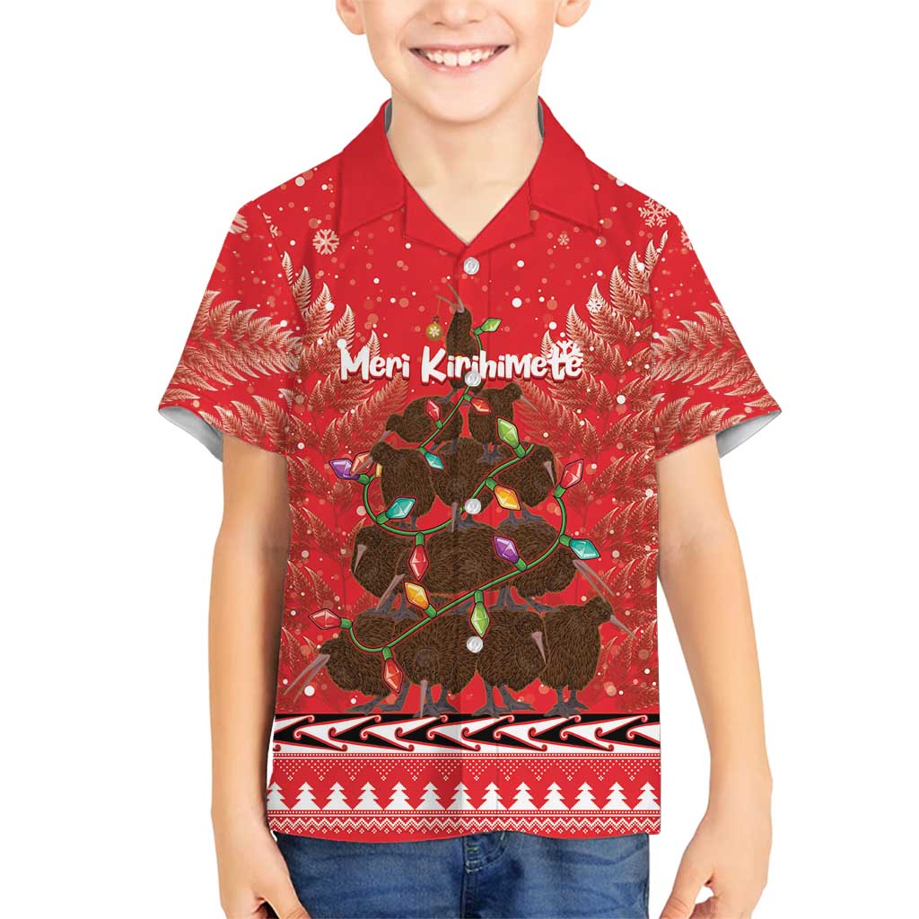 Kiwi New Zealand Christmas Family Matching Summer Maxi Dress and Hawaiian Shirt Meri Kirihimete Silver Fern - Red Color LT14 Son's Shirt Red - Polynesian Pride