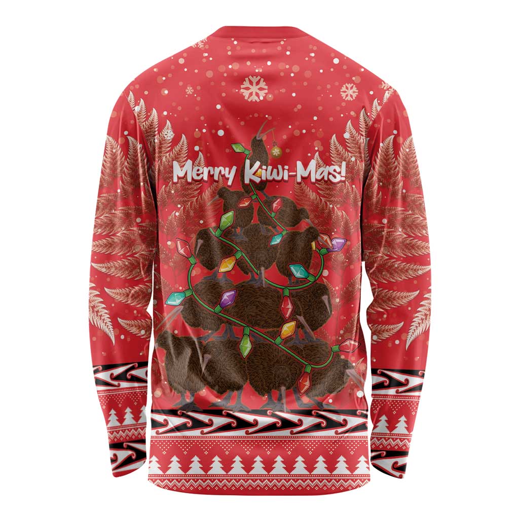 Kiwi New Zealand Christmas Long Sleeve Shirt Meri Kirihimete Silver Fern - Red Color