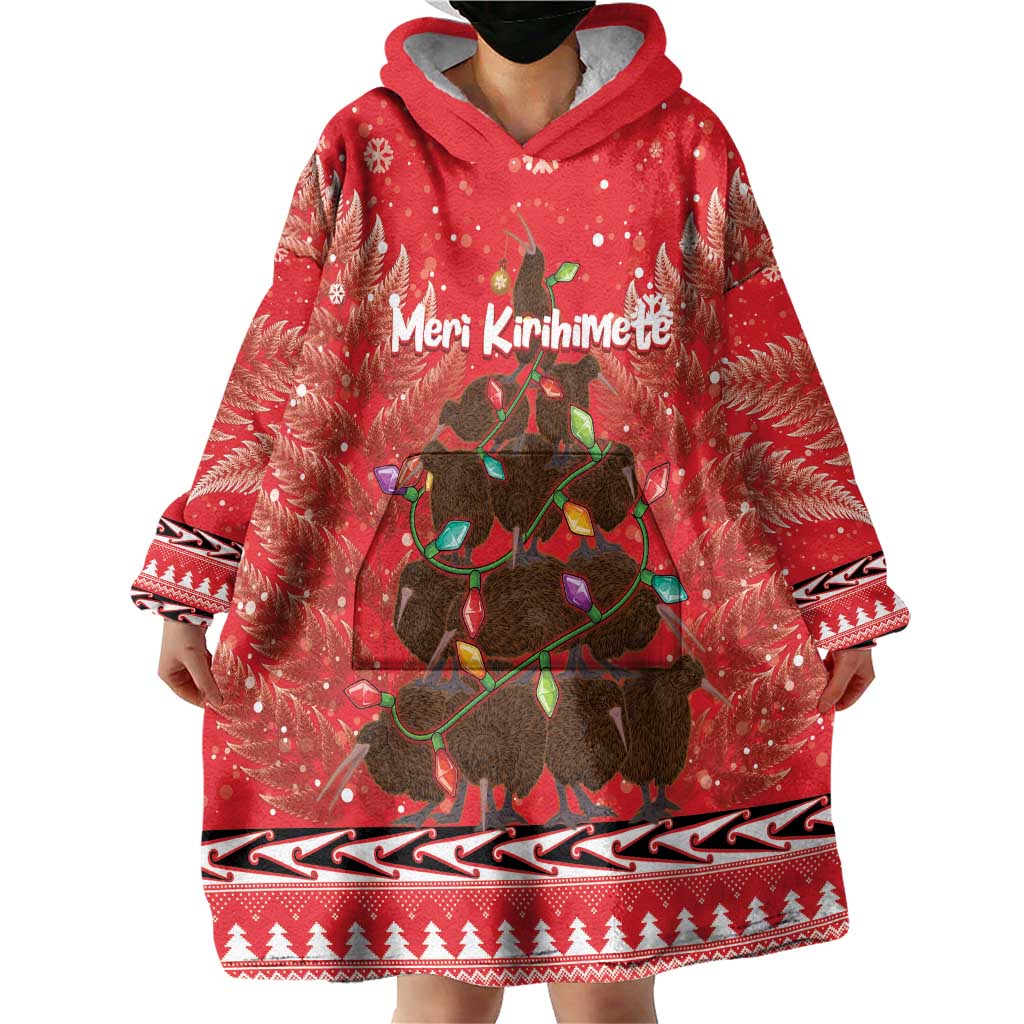 Kiwi New Zealand Christmas Wearable Blanket Hoodie Meri Kirihimete Silver Fern - Red Color