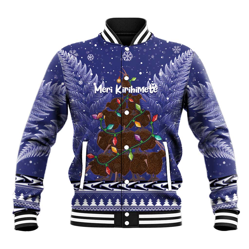 Kiwi New Zealand Christmas Baseball Jacket Meri Kirihimete Silver Fern - Blue Color LT14 Unisex Blue - Polynesian Pride