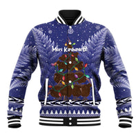 Kiwi New Zealand Christmas Baseball Jacket Meri Kirihimete Silver Fern - Blue Color LT14 Unisex Blue - Polynesian Pride