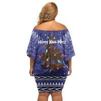 Kiwi New Zealand Christmas Off Shoulder Short Dress Meri Kirihimete Silver Fern - Blue Color