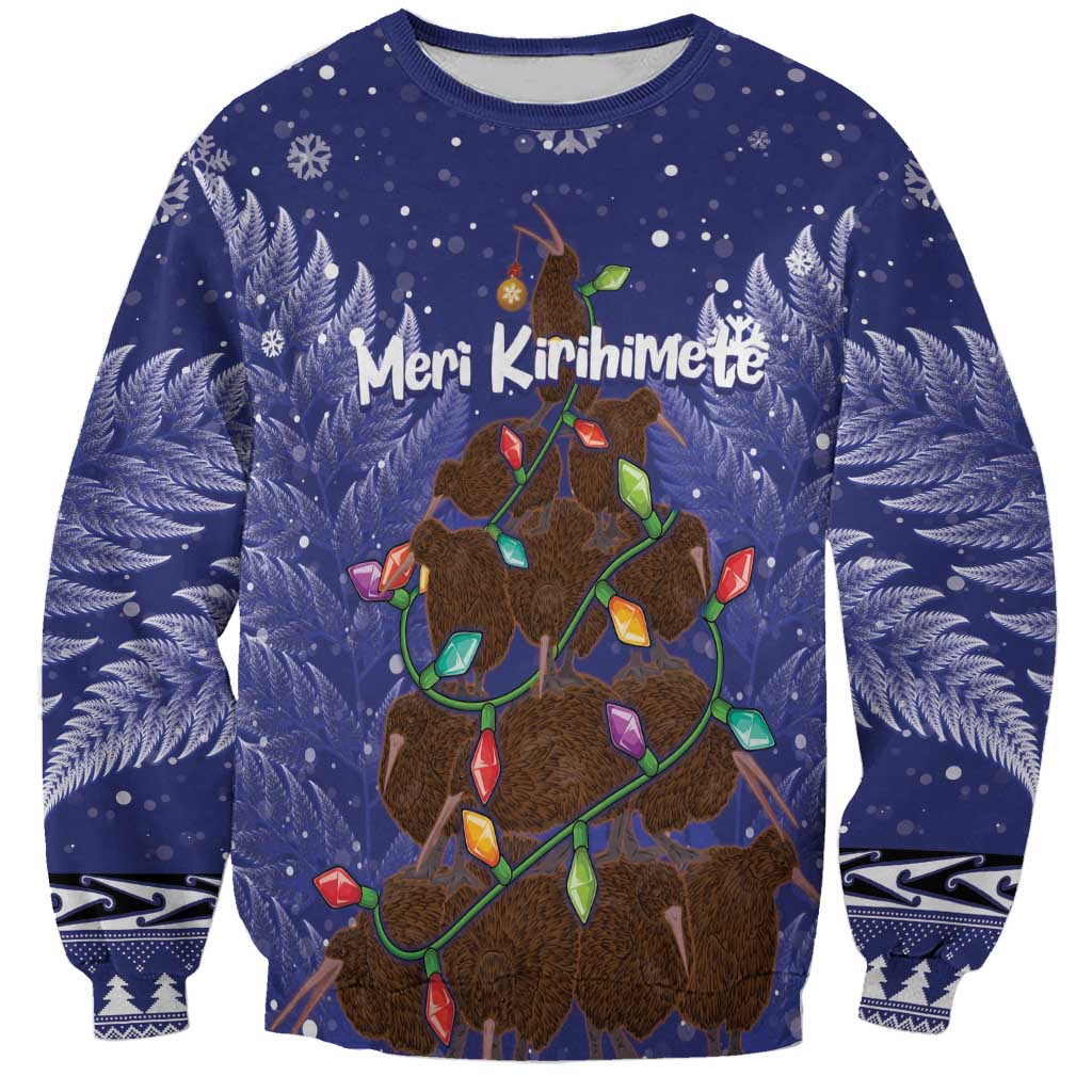 Kiwi New Zealand Christmas Sweatshirt Meri Kirihimete Silver Fern - Blue Color LT14 Unisex Blue - Polynesian Pride