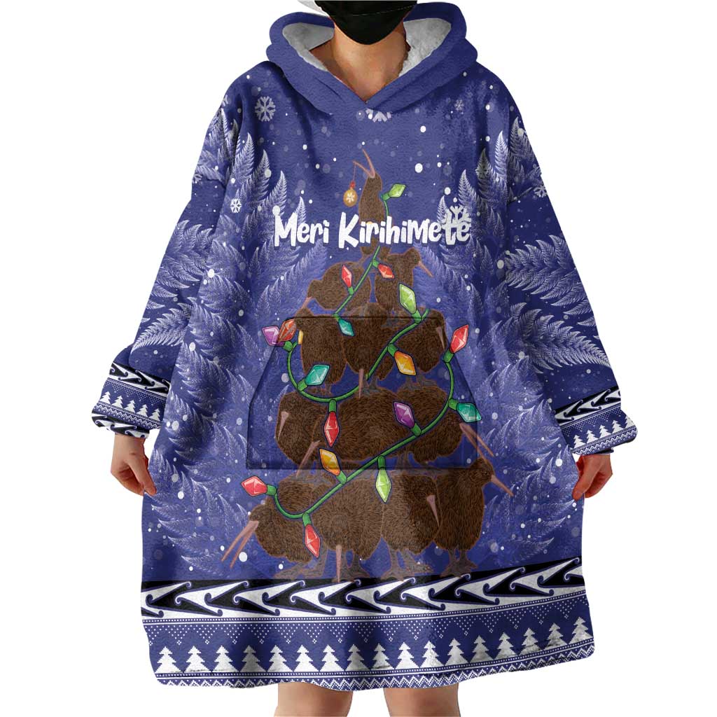 Kiwi New Zealand Christmas Wearable Blanket Hoodie Meri Kirihimete Silver Fern - Blue Color