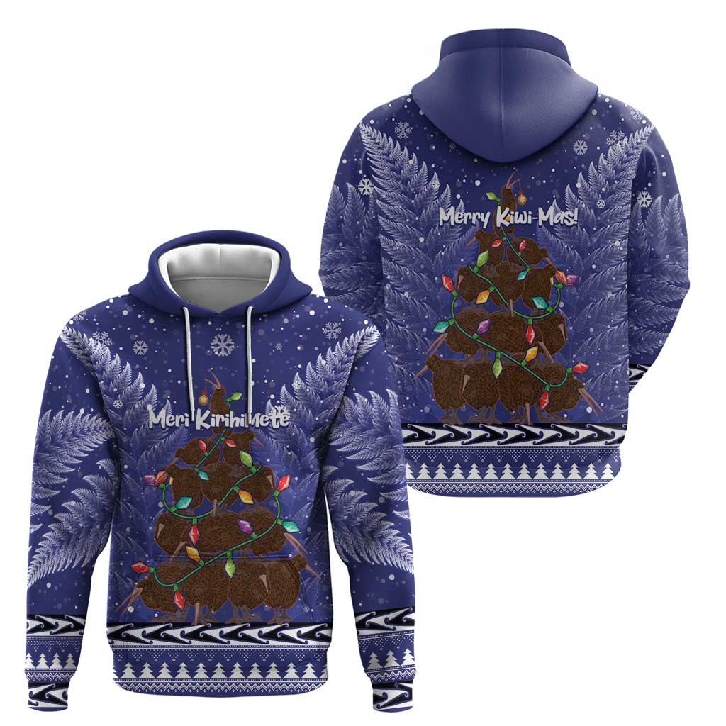 Kiwi New Zealand Christmas Zip Hoodie Meri Kirihimete Silver Fern - Blue Color