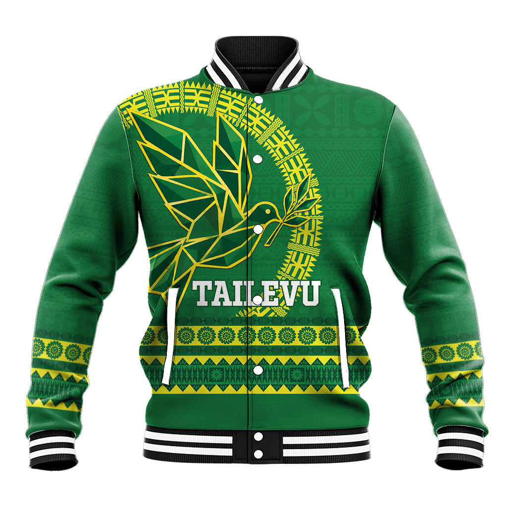 Fiji Tailevu Rugby Personalised Baseball Jacket Go Dove Nation Fijian Tapa LT14 Unisex Green - Polynesian Pride