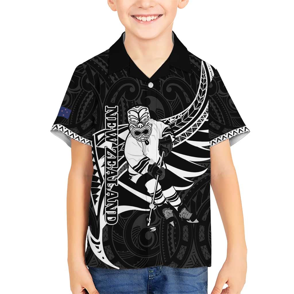 Custom Aotearoa Ice Hockey Kid Hawaiian Shirt NZ Tiki Mascot - Maori Pattern LT14 Kid Black - Polynesian Pride