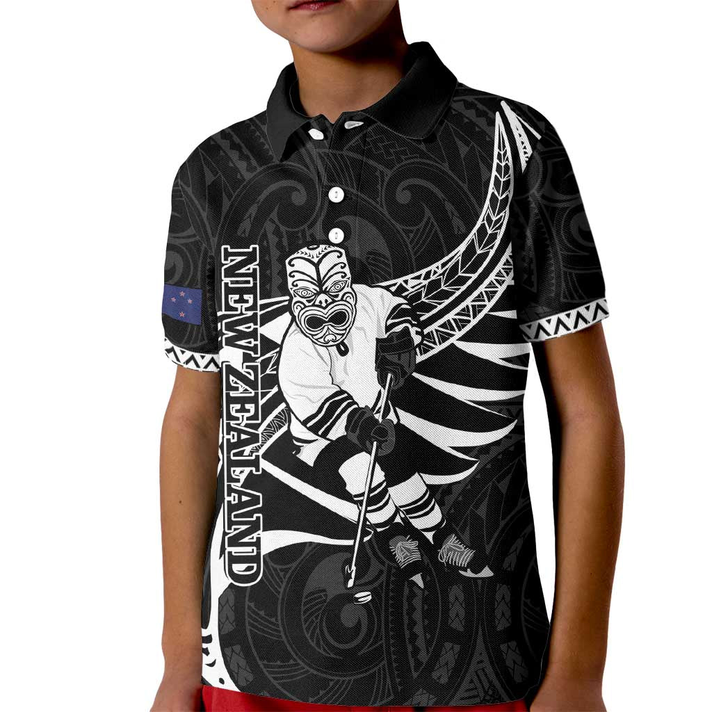 Custom Aotearoa Ice Hockey Kid Polo Shirt NZ Tiki Mascot - Maori Pattern LT14 Kid Black - Polynesian Pride