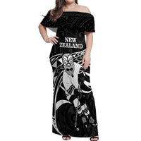 Custom Aotearoa Ice Hockey Off Shoulder Maxi Dress NZ Tiki Mascot - Maori Pattern LT14 Women Black - Polynesian Pride