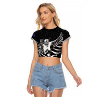 Custom Aotearoa Ice Hockey Raglan Cropped T Shirt NZ Tiki Mascot - Maori Pattern LT14 Female Black - Polynesian Pride