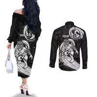 Personalised New Zealand Surfing Couples Matching Off The Shoulder Long Sleeve Dress and Long Sleeve Button Shirt Aotearoa Maori Tiki Haka