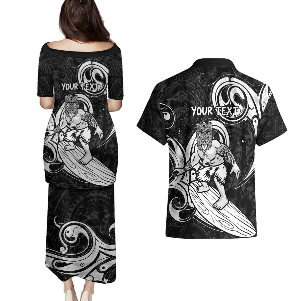 Personalised New Zealand Surfing Couples Matching Puletasi and Hawaiian Shirt Aotearoa Maori Tiki Haka