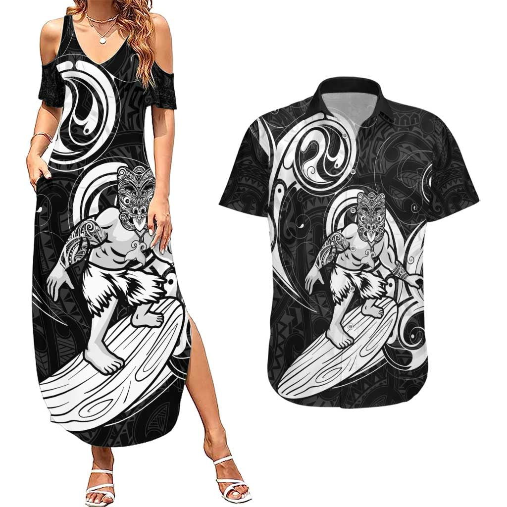 Personalised New Zealand Surfing Couples Matching Summer Maxi Dress and Hawaiian Shirt Aotearoa Maori Tiki Haka