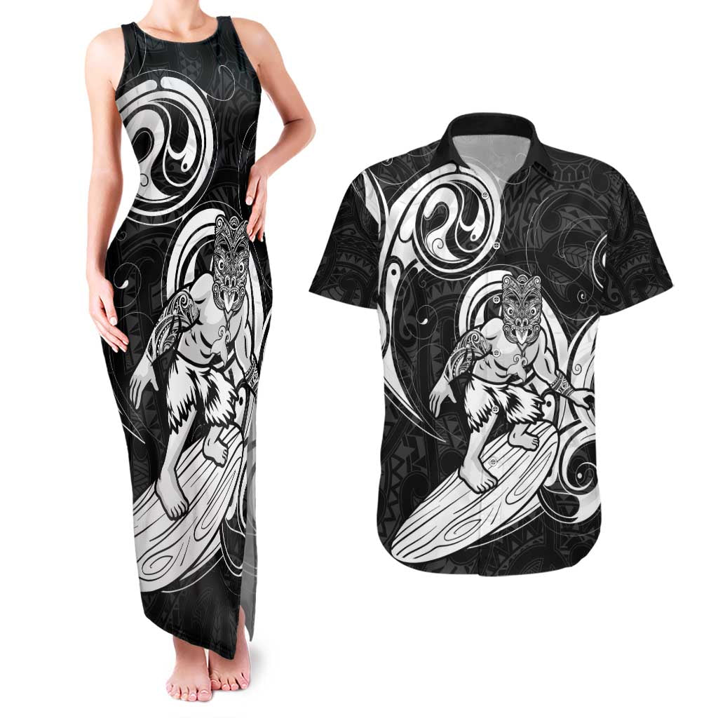 Personalised New Zealand Surfing Couples Matching Tank Maxi Dress and Hawaiian Shirt Aotearoa Maori Tiki Haka