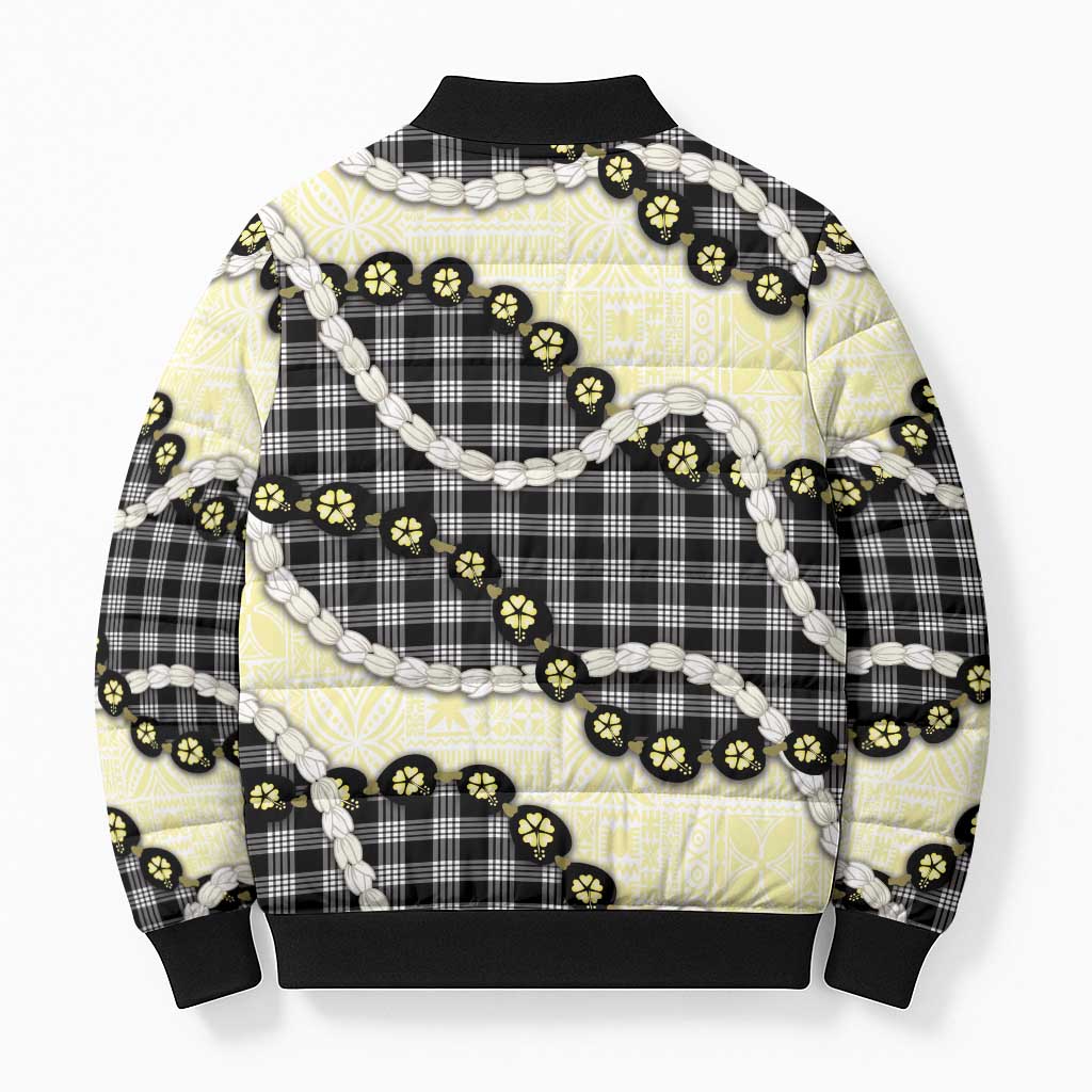 Black Palaka Hawaii Bomber Puffer Jacket Kukui Nut Pikake Lei Hawaiian Tapa Pattern - Polynesian Pride